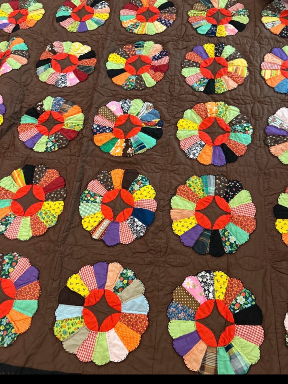 Handmade Multicolor Patchwork Flower Quilt - Brown Background